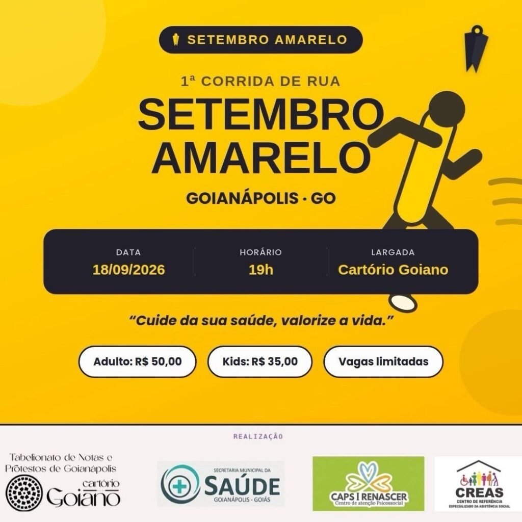 I Corrida de Rua do Setembro Amarelo 2026: Inscrições em Goianápolis