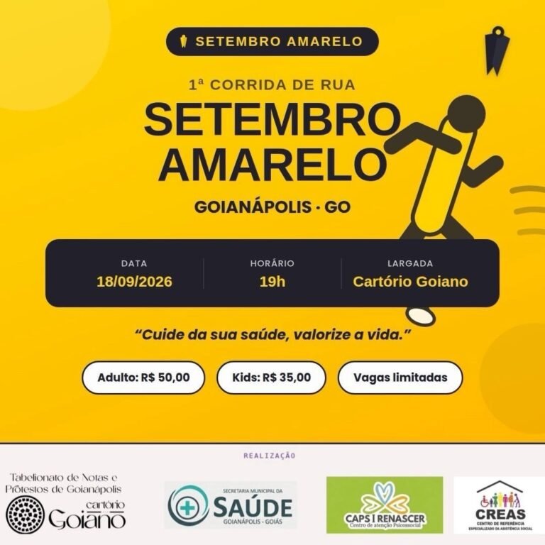 I Corrida de Rua do Setembro Amarelo 2026: Inscrições em Goianápolis
